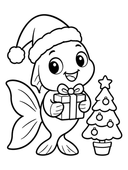 A goldfish coloring page featuring a cartoon fish in a Santa hat holding a gift next to a Christmas tree.