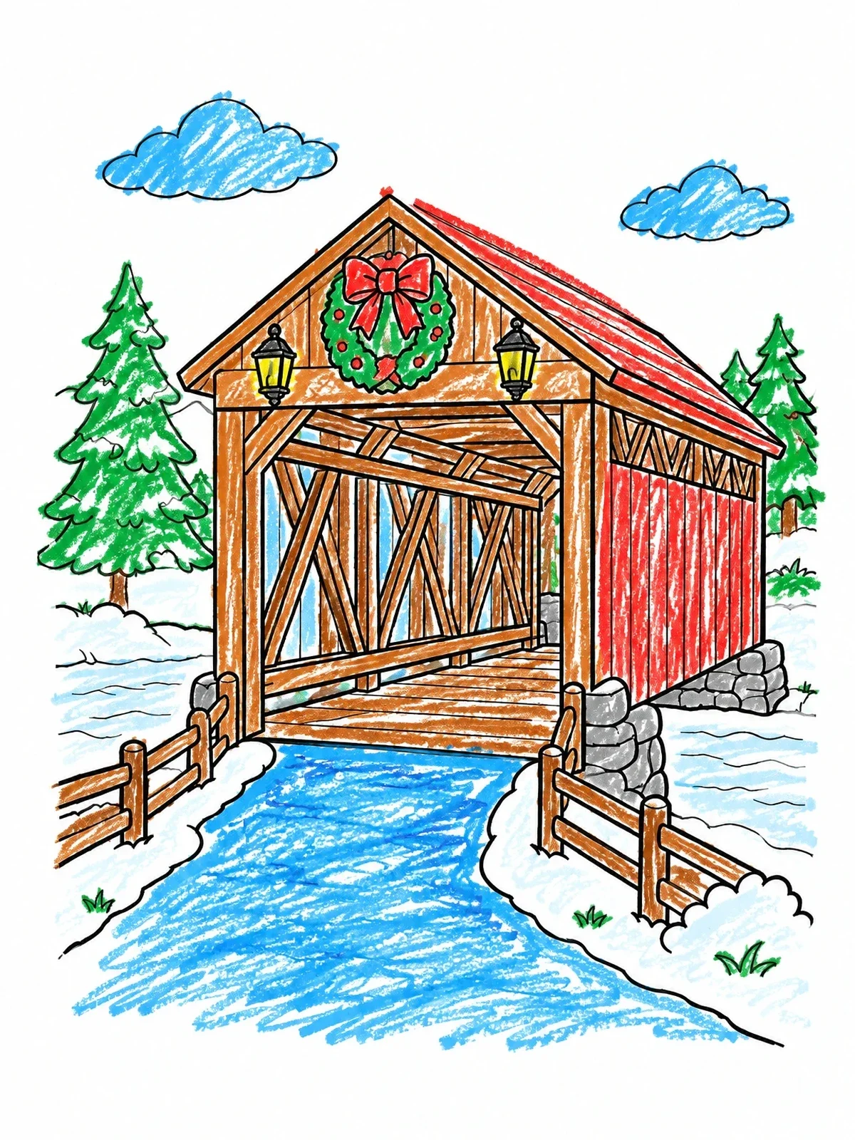 Colored example of the Festive Covered Bridge In Nature coloring page