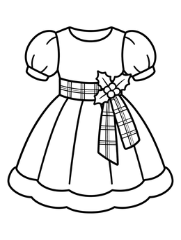 A festive holiday dress coloring page with puffy sleeves, plaid sash, and holly leaves.