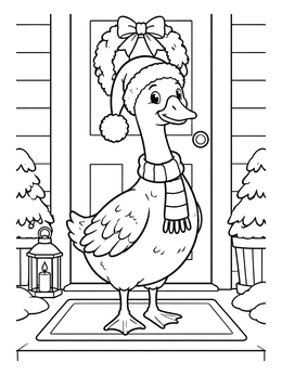 A cheerful goose coloring page showing a bird in a Santa hat and scarf outside a front door.