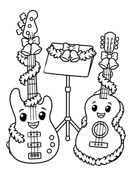 Cute cartoon bass and guitar with holiday garland on a music coloring page.