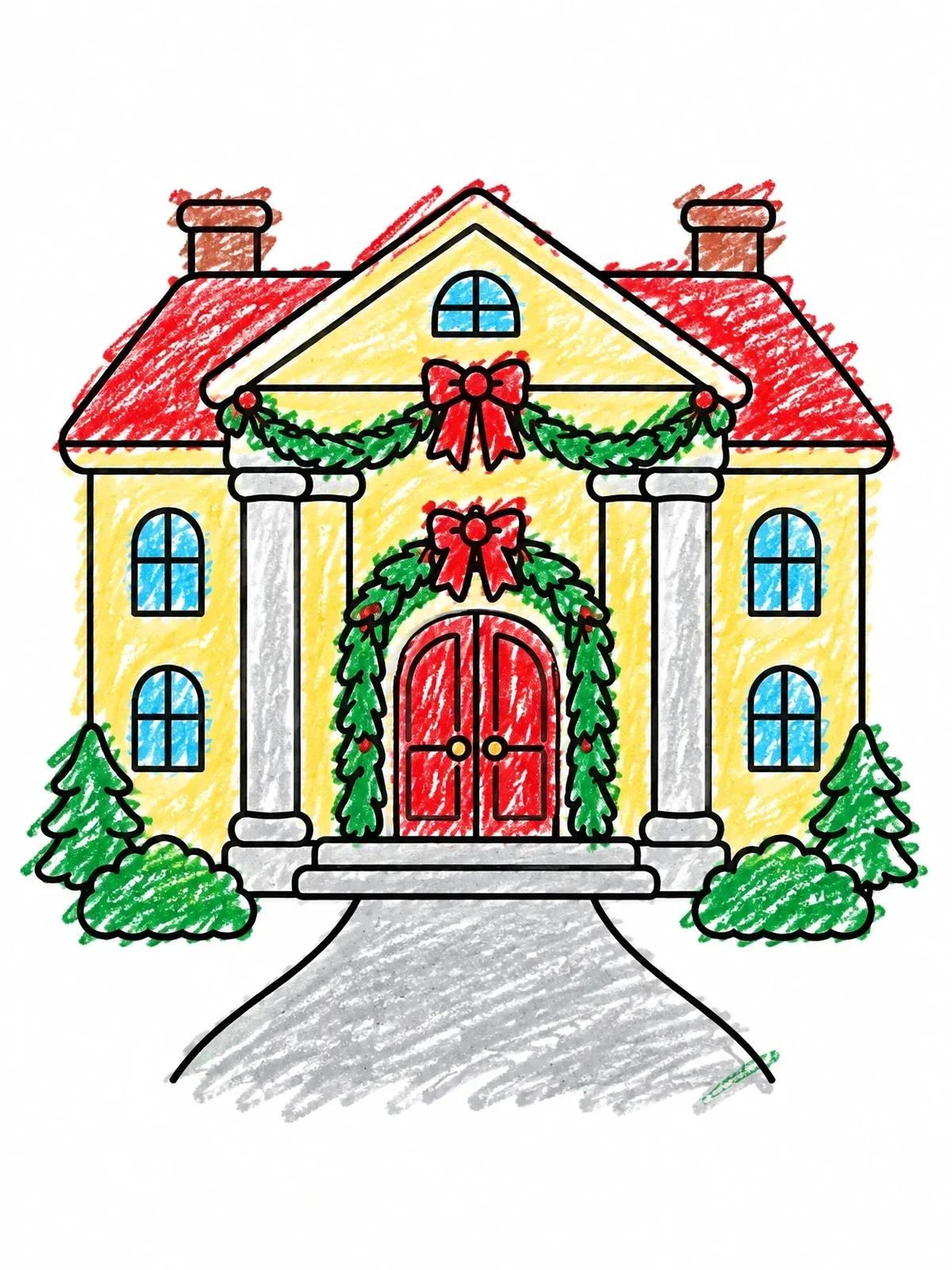 Colored example of the Festive Mansion With Holiday Garlands coloring page