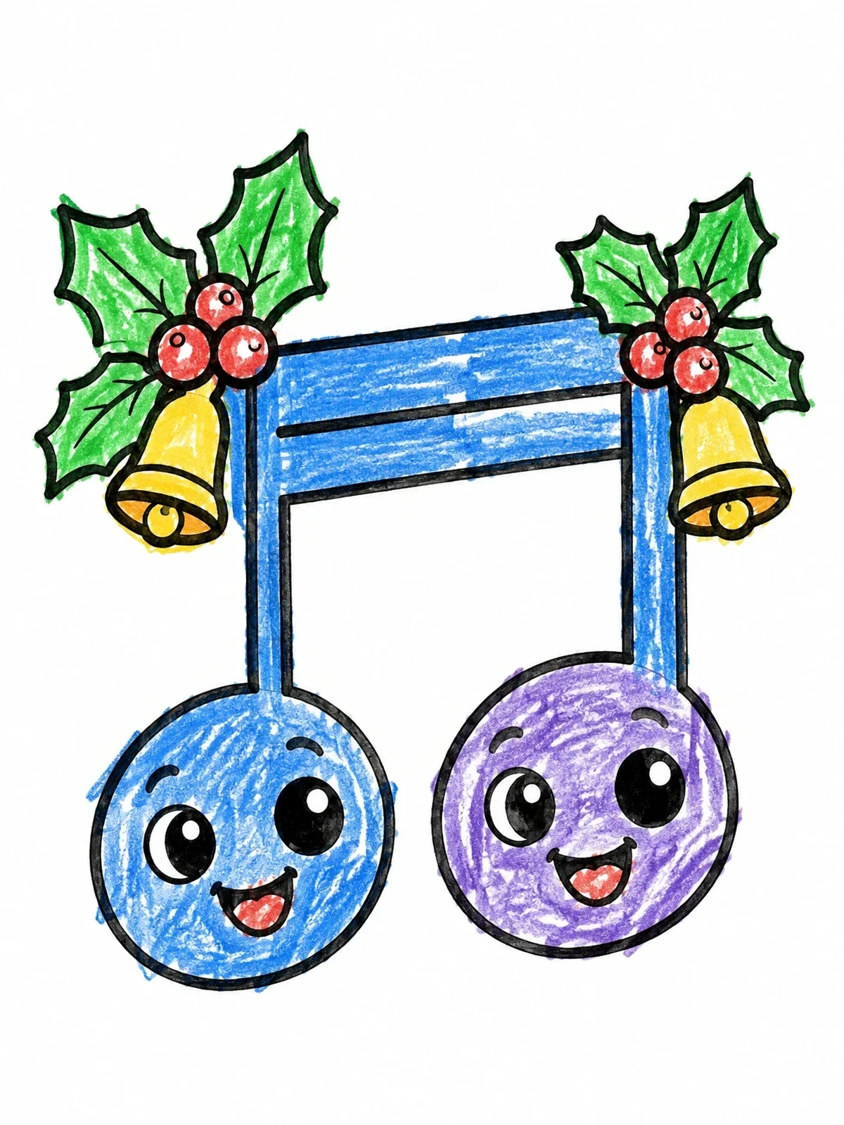 Colored example of the Festive Music Notes With Holly Bells coloring page