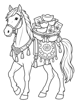 A decorative horse coloring page carrying traditional gold ingots and lucky envelopes.