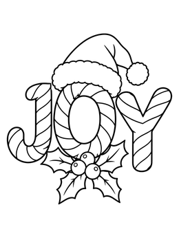 Striped letters spelling JOY with a Santa hat and holly on this joy coloring page.