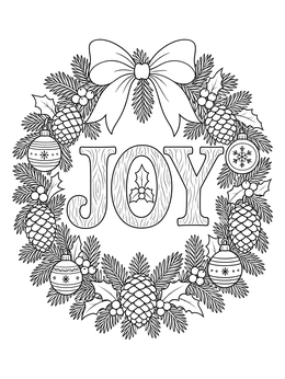 A detailed joy coloring page framed by a holiday wreath with pinecones and ornaments.
