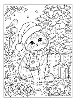 Free printable Festive Kitten By The Christmas Tree coloring page