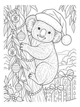 A festive christmas koala coloring page showing a cute koala in a Santa hat climbing a decorated tree.