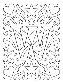 Festive letter w coloring page framed with stars, hearts, and celebratory confetti swirls.