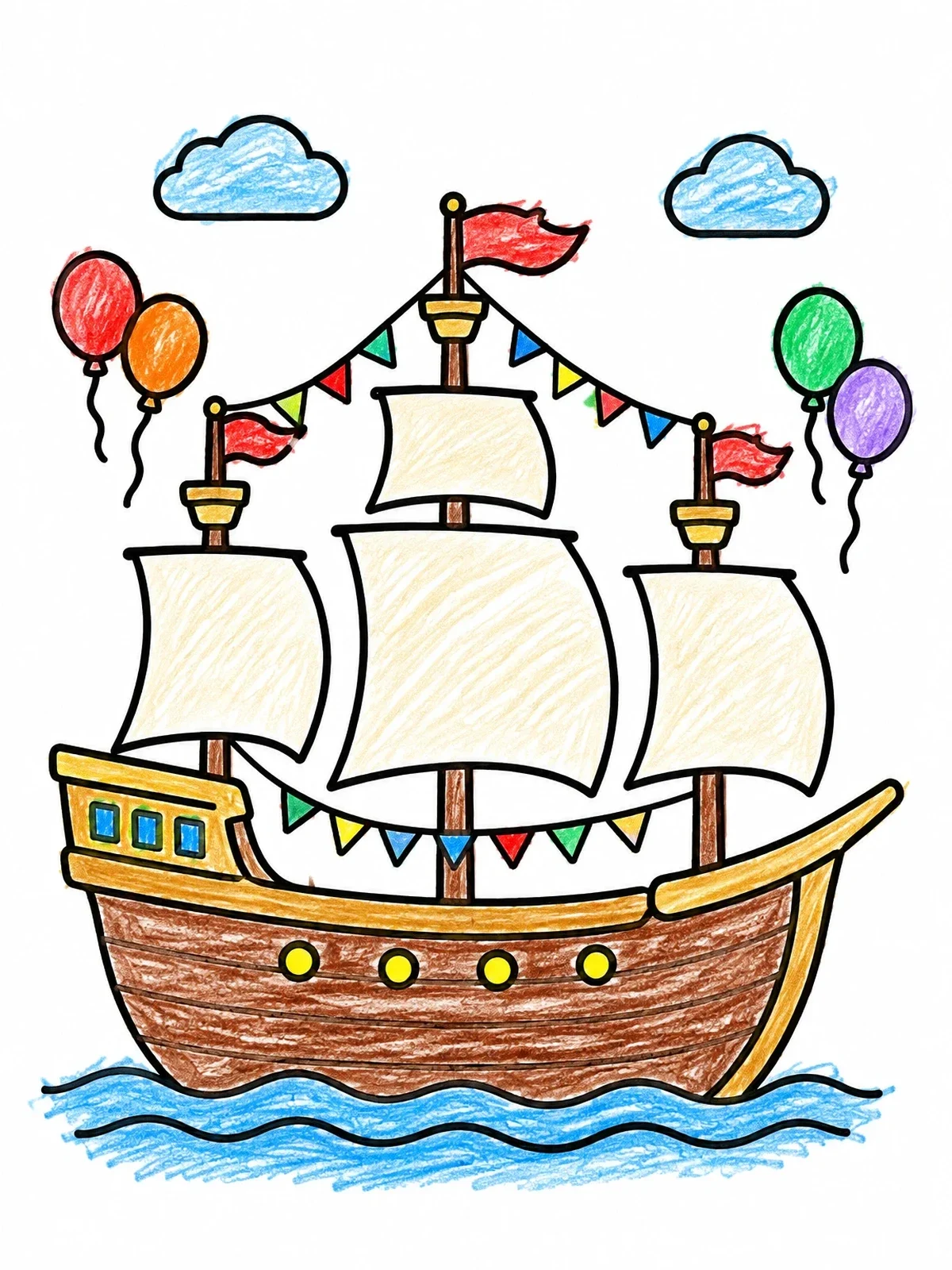 Colored example of the Festive Mayflower Sailing Ship coloring page