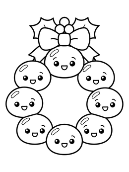 A cute holiday wreath on this mochi coloring page features smiling round treats with a bow and holly.