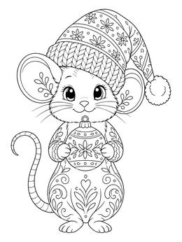 A cute christmas mouse coloring page featuring a detailed patterned hat and ornament.
