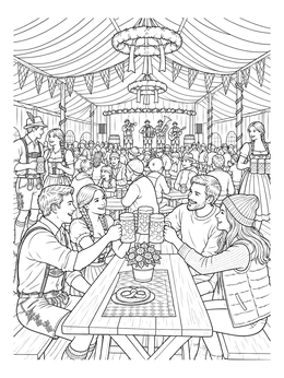 Friends toast mugs inside a bustling festival tent in this lively oktoberfest coloring page.