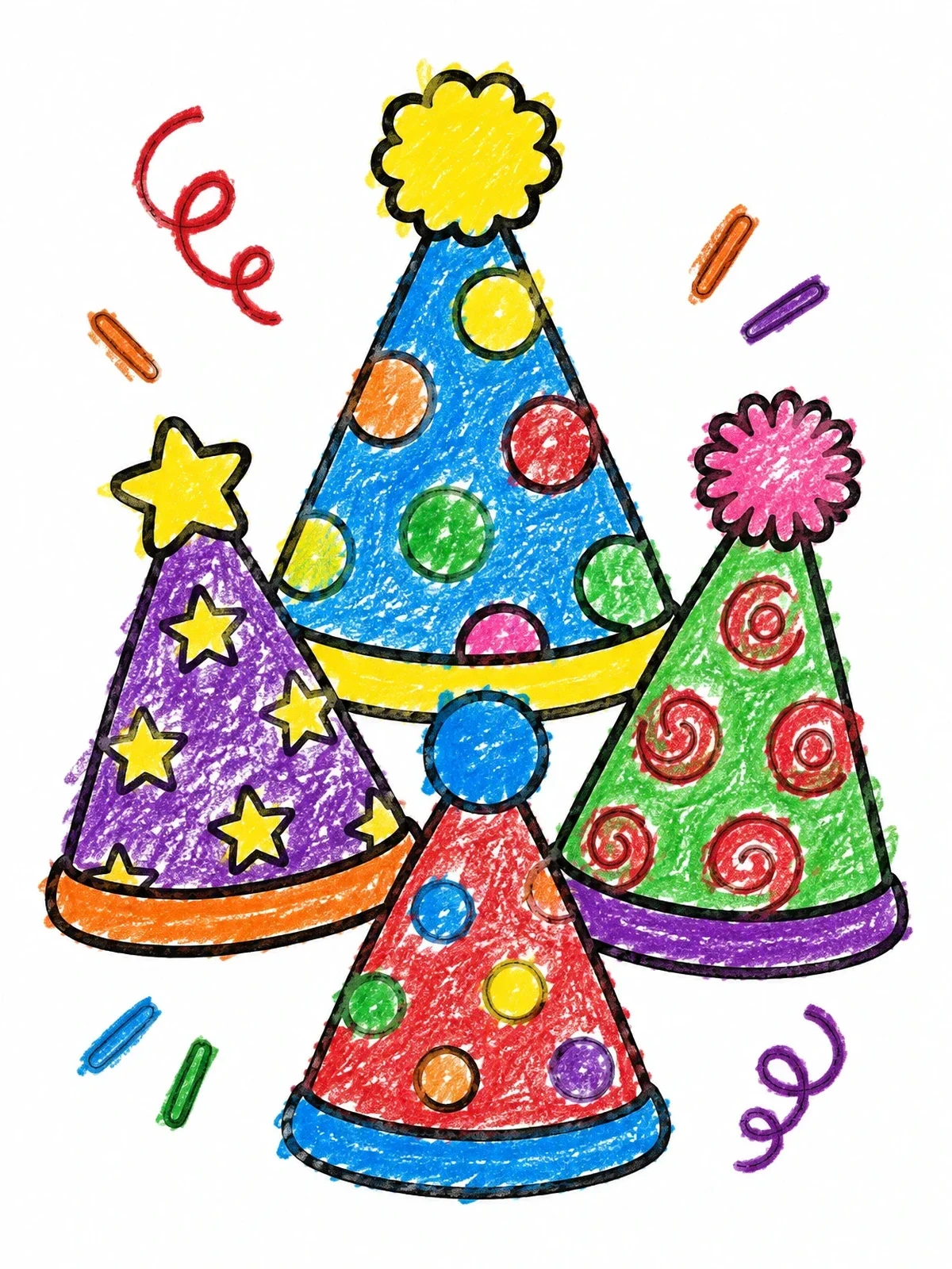 Colored example of the Festive Patterned Party Hats coloring page