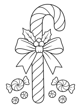 A festive peppermint candy coloring page featuring a striped cane with a holly bow and wrapped sweets.