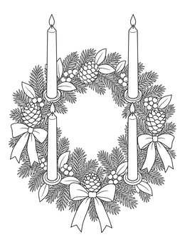 Detailed advent wreath coloring page with four lit taper candles, pinecones, and bows.