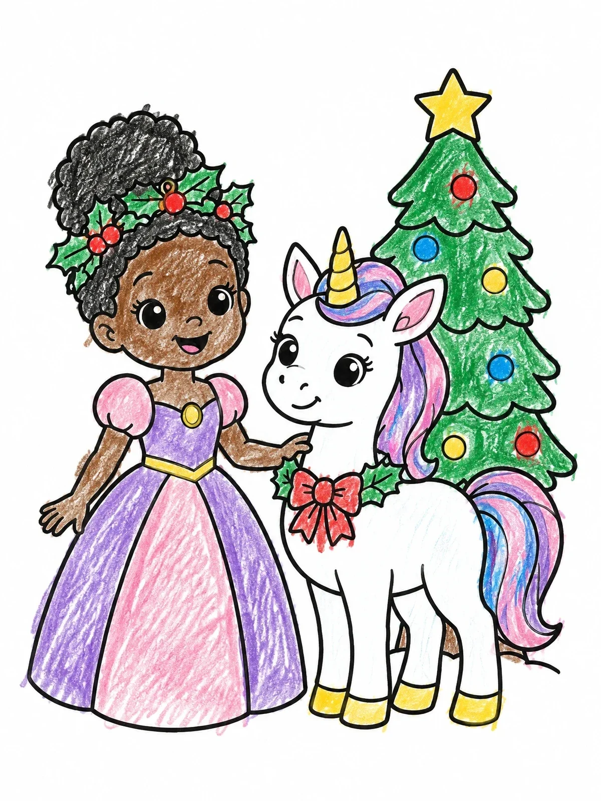 Colored example of the Festive Princess And Unicorn By Tree coloring page