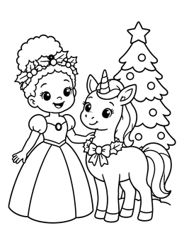 Free printable Festive Princess And Unicorn By Tree coloring page