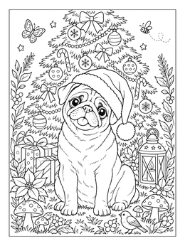 A cute pug coloring page featuring a pup in a Santa hat under a Christmas tree.