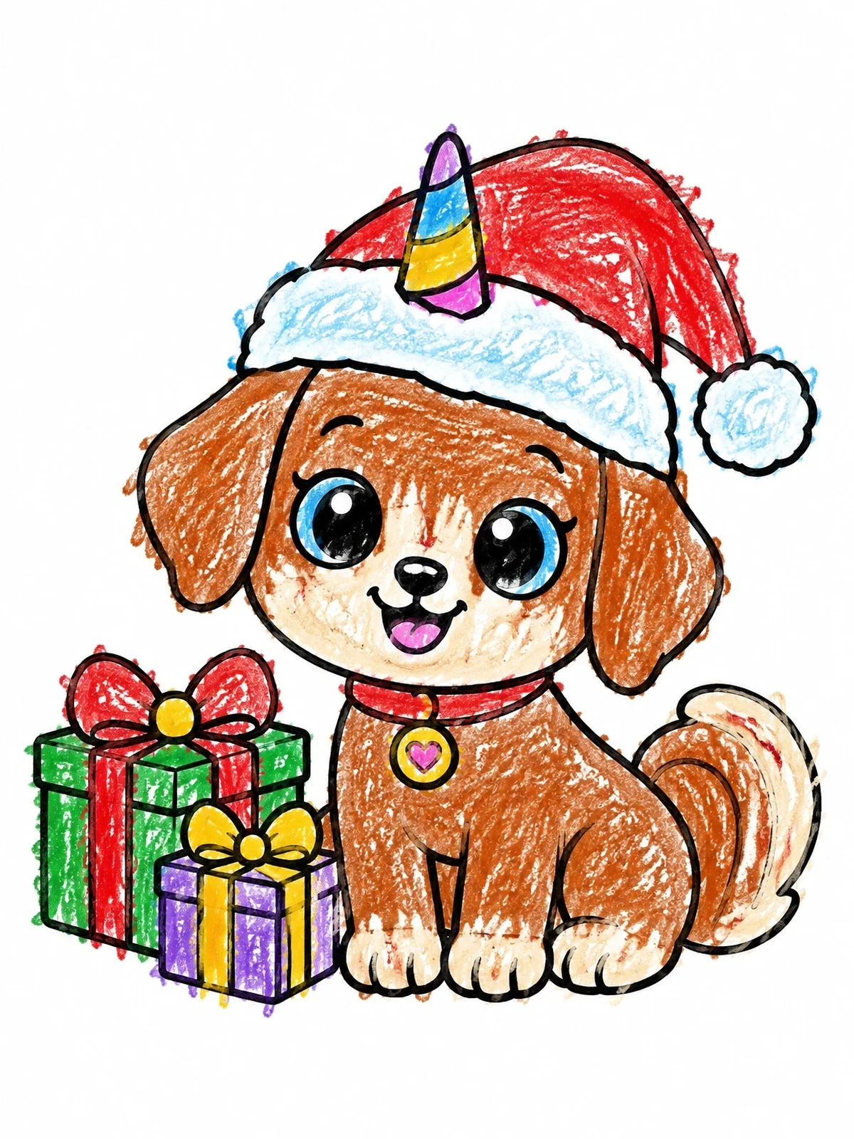 Colored example of the Festive Puppy Unicorn With Presents coloring page