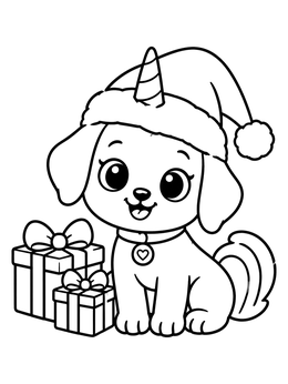 A cute puppy unicorn coloring page with a Santa hat and holiday gifts.