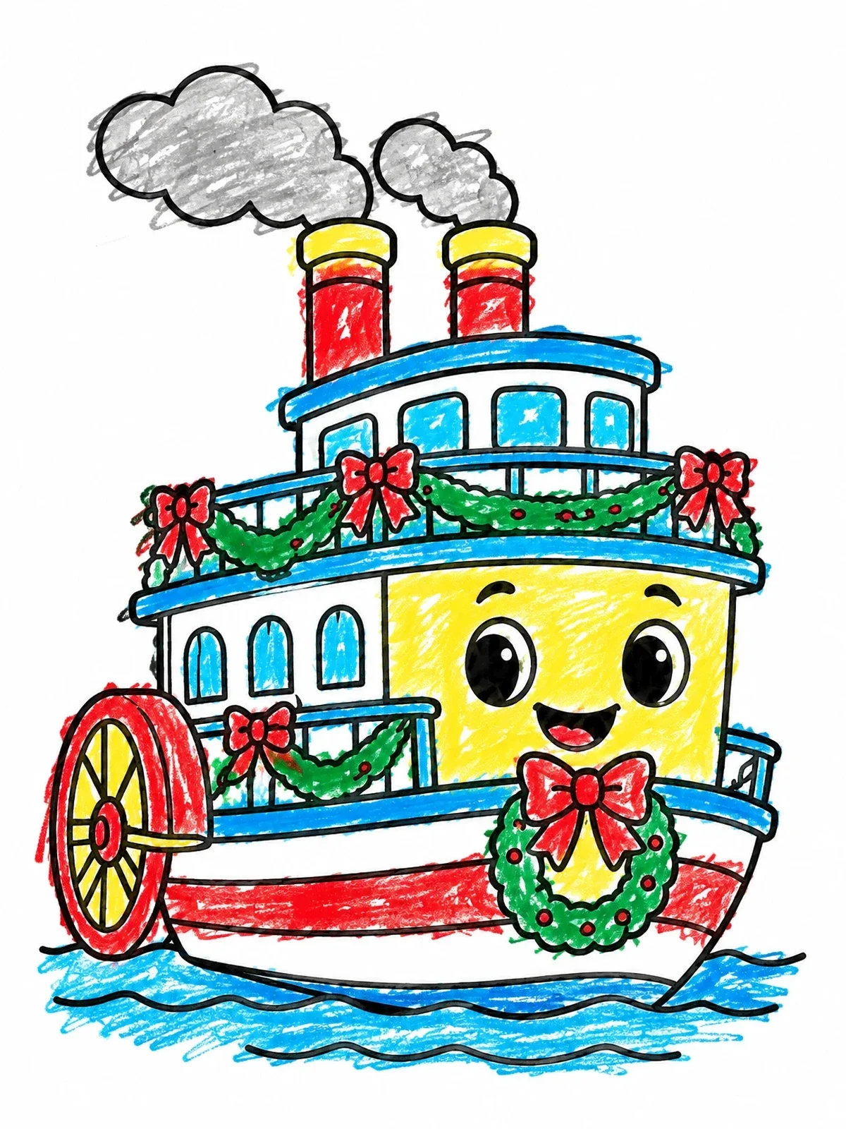 Colored example of the Festive River Steamboat With Christmas Wreath coloring page