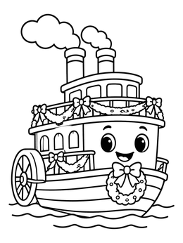 Free printable Festive River Steamboat With Christmas Wreath coloring page