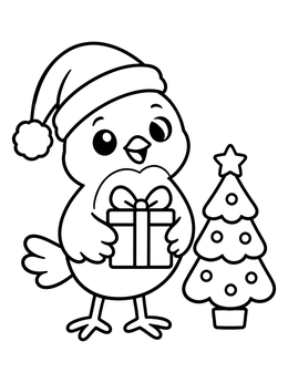 A cute robin coloring page showing a bird with a Santa hat holding a gift beside a tree.