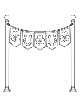 A festive garland hangs between poles in this shamrock coloring page.