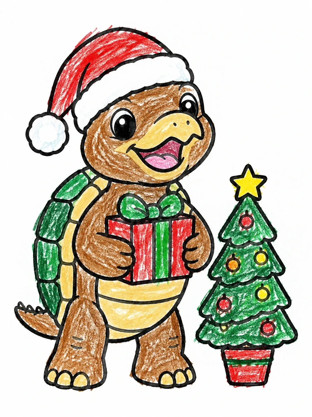 Colored example of the Festive Snapping Turtle With Christmas Present coloring page