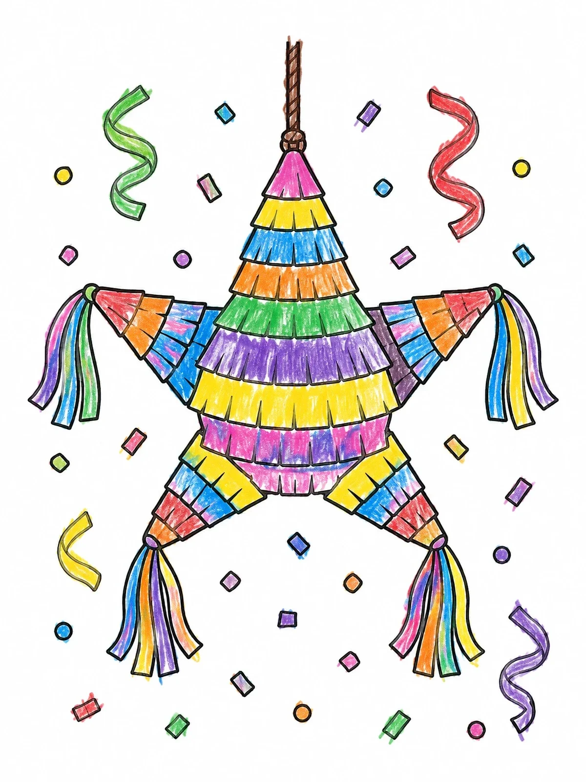 Colored example of the Festive Star Piñata With Streamers coloring page