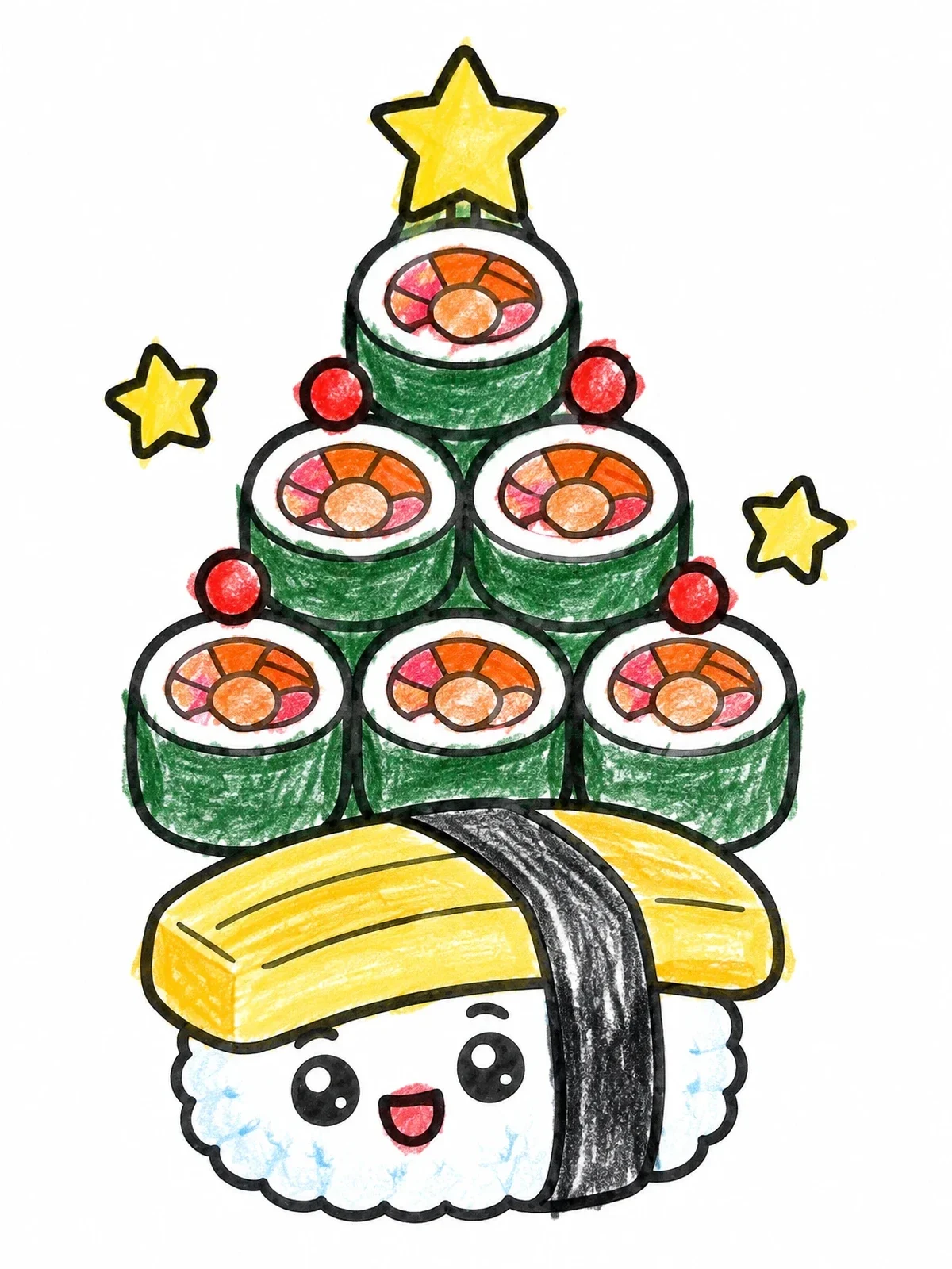 Colored example of the Festive Sushi Tree With Tamago Base coloring page