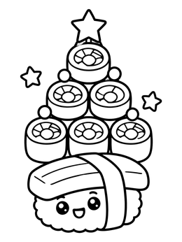 A cute sushi coloring page featuring a holiday tree made of sushi rolls on a smiling tamago nigiri.