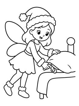 A festive tooth fairy coloring page showing a fairy placing a candy cane under a pillow.