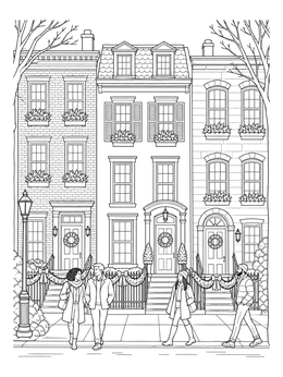 Pedestrians walk past decorated row houses on this christmas village coloring page.