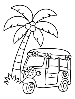 Free printable Festive Tuk Tuk By A Palm Tree coloring page