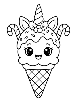 A cute holiday unicorn ice cream coloring page with candy canes and sprinkles.