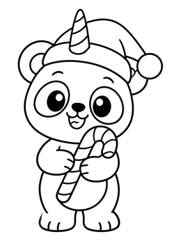 A cute unicorn panda coloring page featuring a Santa hat and candy cane.