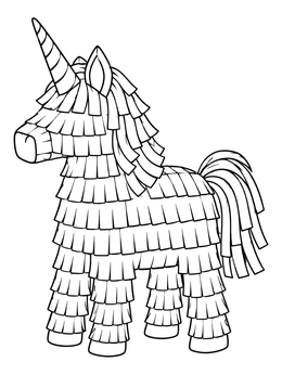 Festive fringe-covered pinata in this unicorn coloring page.