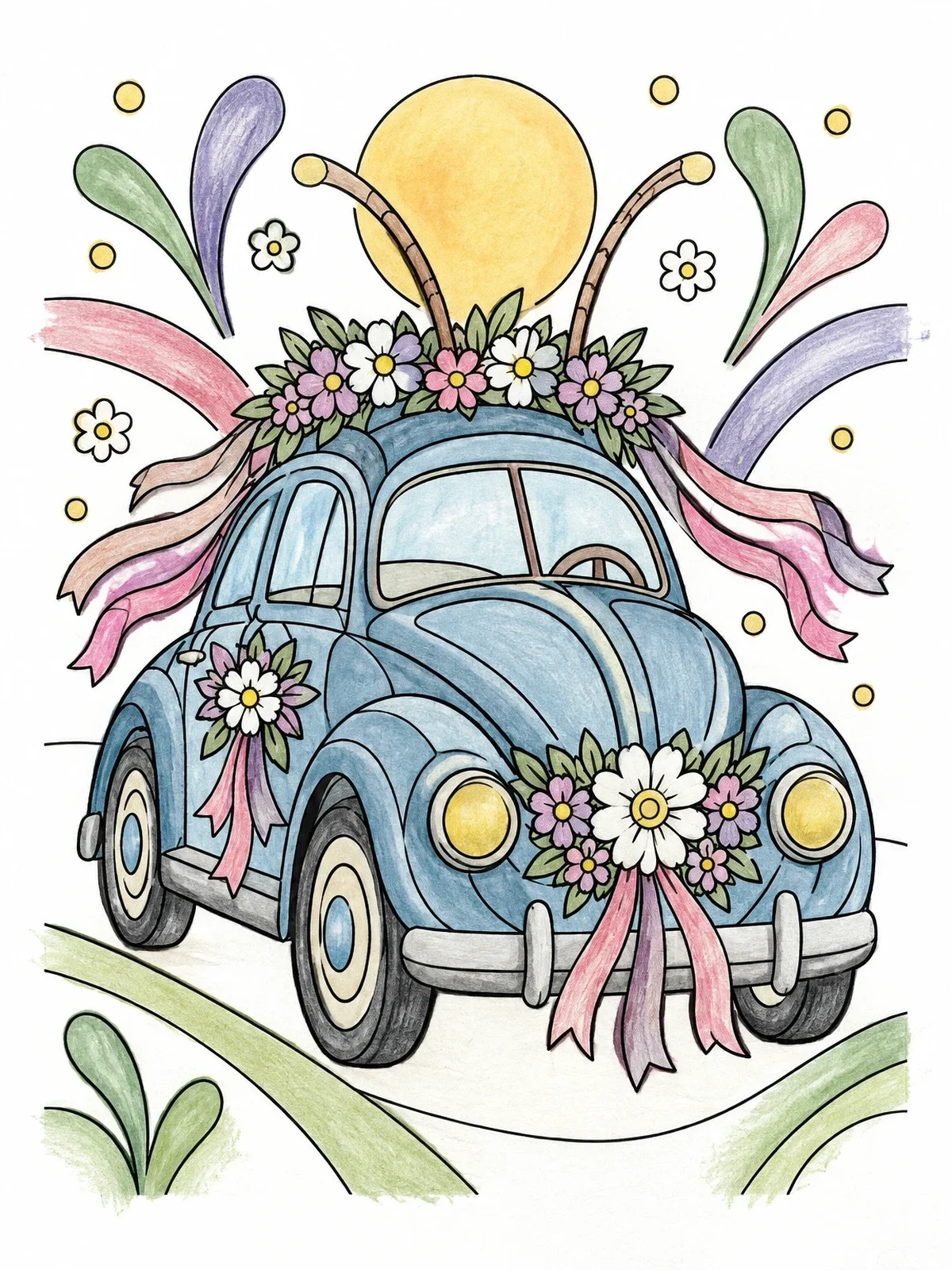 Colored example of the Festive Beetle Car Parade coloring page