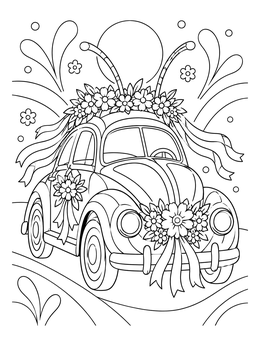 A decorated vintage car in this festive beetle coloring page.