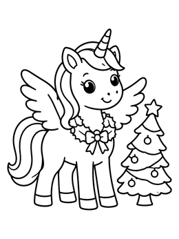 Free printable Festive Winged Unicorn By Christmas Tree coloring page