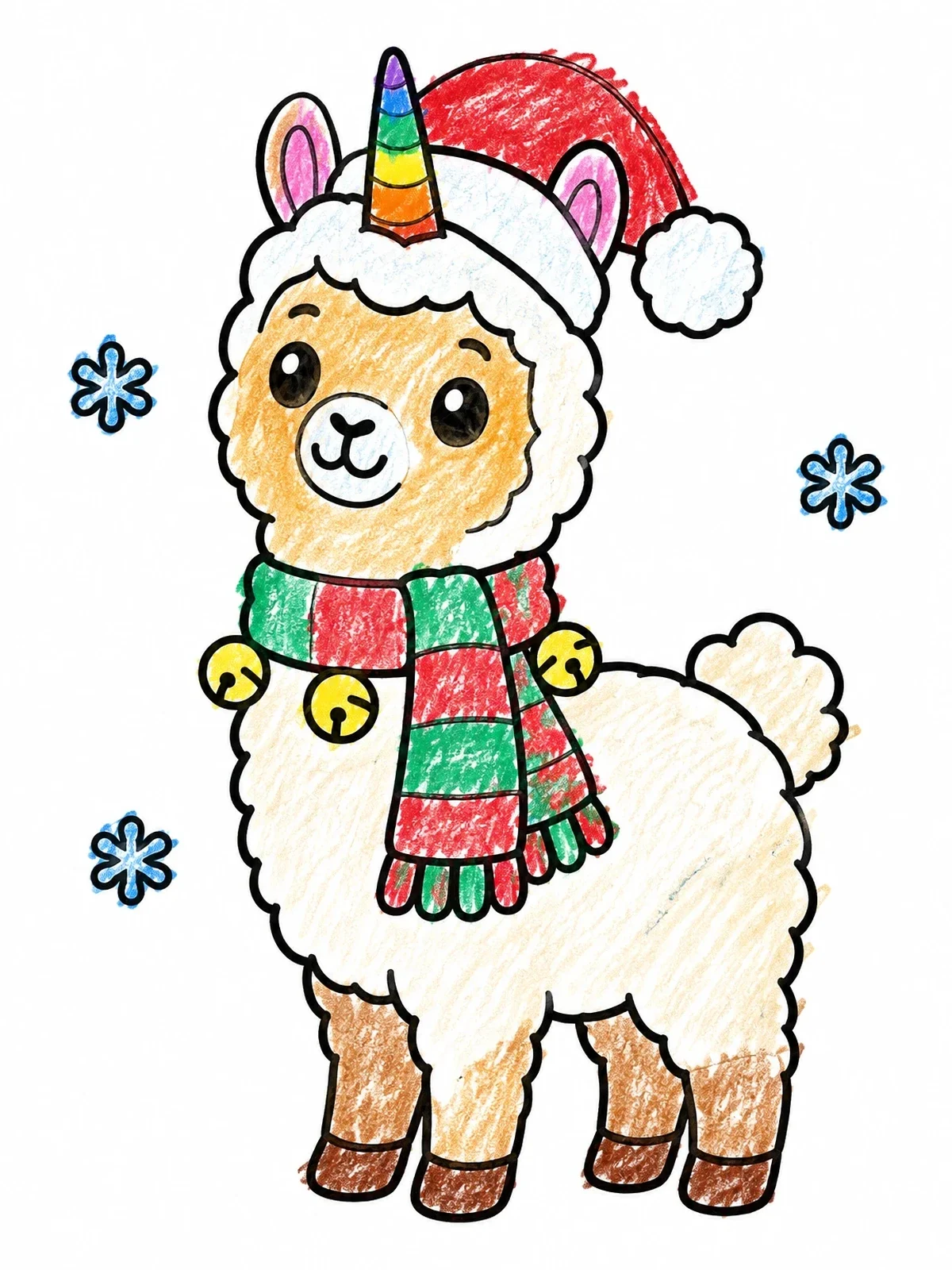 Colored example of the Festive Winter Llamacorn With Scarf coloring page
