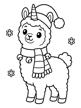 A cute holiday llamacorn coloring page with a Santa hat, cozy scarf, and jingle bells.