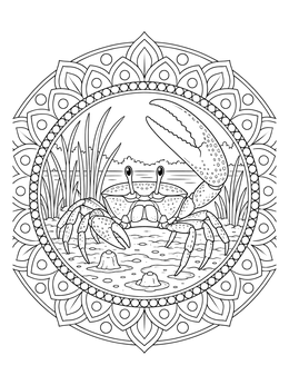 A fiddler crab with an oversized claw inside an ornate frame on this crab coloring page.