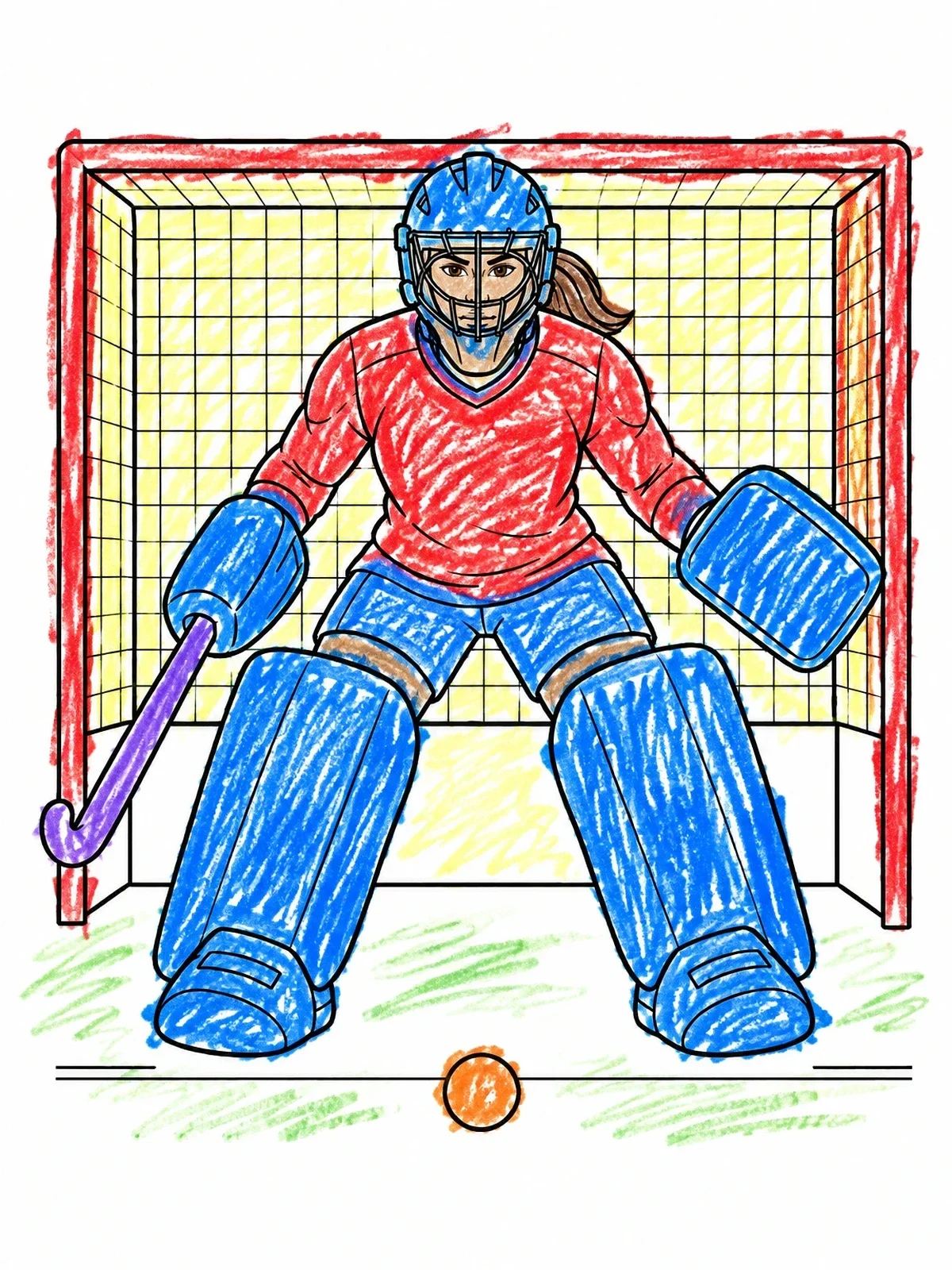 Colored example of the Field Hockey Goalie Guarding Goal coloring page