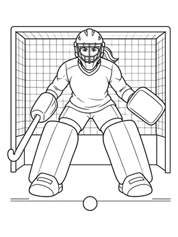 A female goalie in protective gear stands ready in this hockey coloring page.