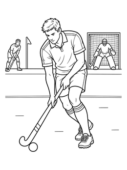 A field hockey coloring page showing an athlete controlling the ball near the goal.