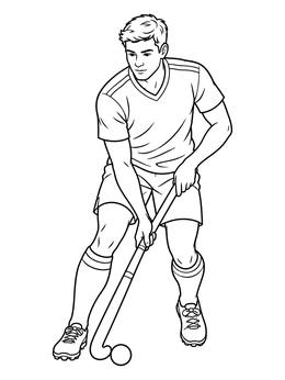 A focused male athlete controls the ball in this dynamic field hockey coloring page.