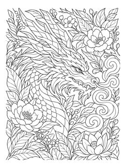An intricate abstract dragon coloring page featuring a mythical dragon head surrounded by flowers and leaves.